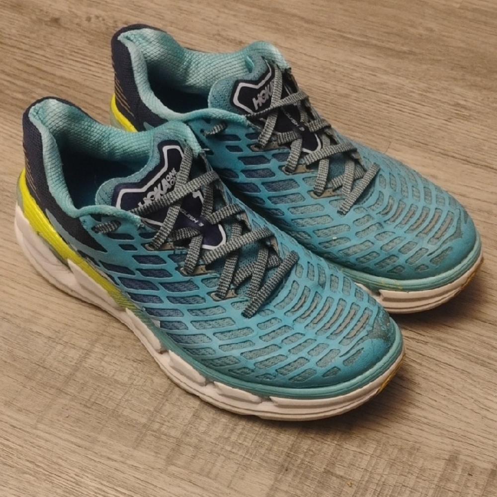Hoka One One Vanquish 3 Teal and Lime Athletic Sneakers Women's Size 10